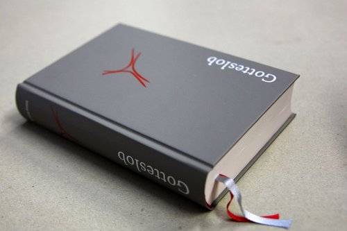 Man sieht ein Buch mit grauem Einband und einem roten Kreuzsymbol